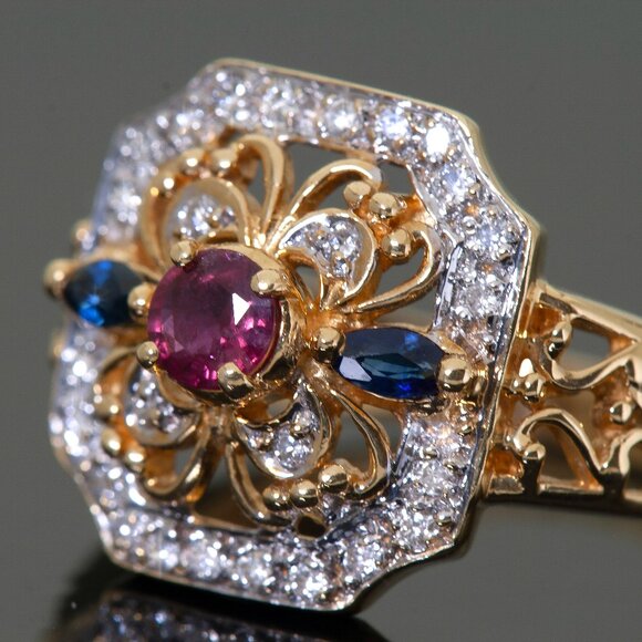 Vintage 18kt Yellow Gold Diamond Ring, Ruby and Sapphire, SZ 6, Appraised $3350 - Picture 3 of 11